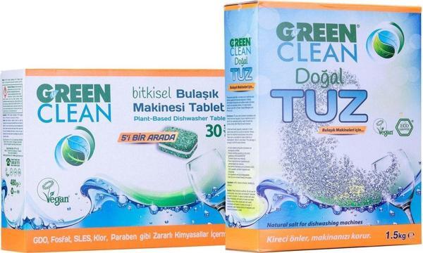 Green Clean Bitkisel Bulaşık Makinesi Tableti 30' Lu + Tuz 1,5 Kg. 2' Li Set - Image 1