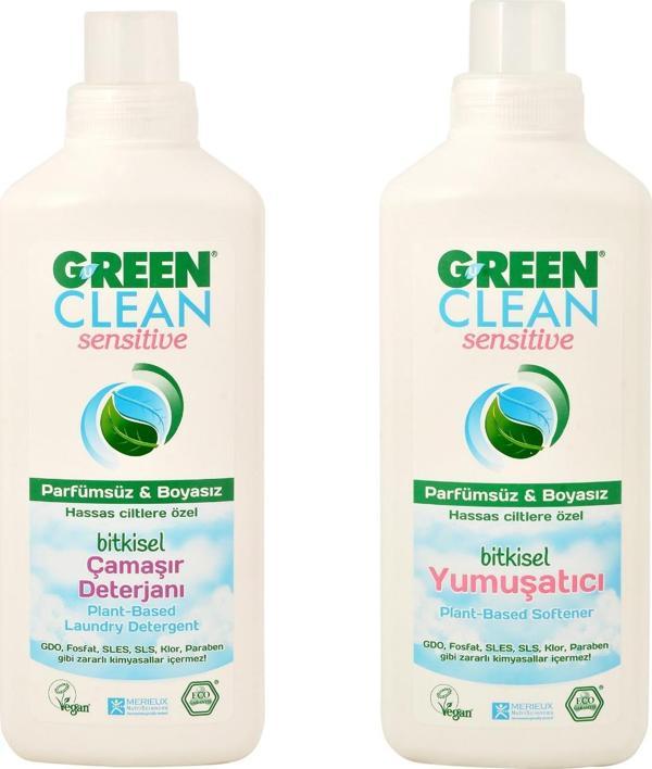 Green Clean Sensitive Bitkisel Çamaşır Deterjanı 1 Lt + Yumuşatıcı 1 Lt (Parfümsüz & Boyasız) - Image 1