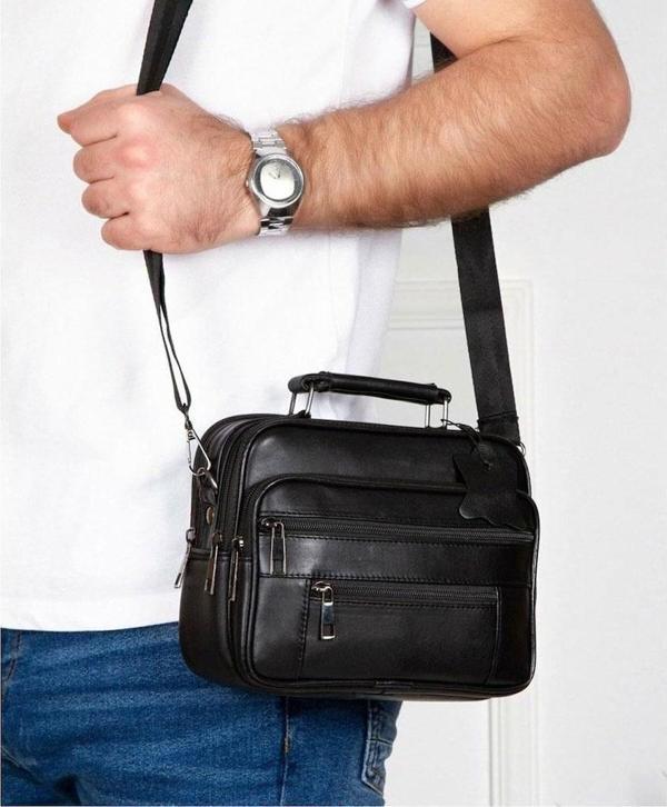 Lederax Hakiki Deri Çelik Kasalı Yatay El Çantası 20X16 Cm-Siyah - Image 1