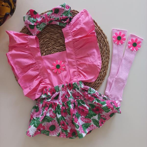 MARS BABY Kız Bebek Pembe Ayçiçeği Desenli Fırfırlı Salopet Bandana Figürlü Çorap Takım - Image 1