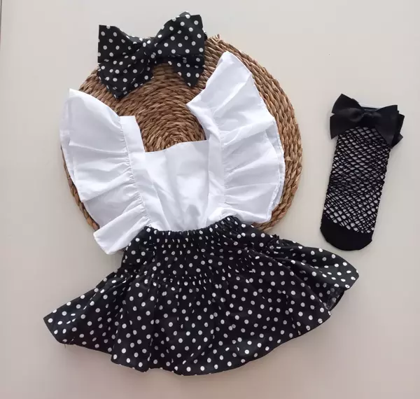 MARS BABY Kız Bebek Siyah Puantiye Desenli Fırfırlı Salopet Bandana File Çorap Takım - Image 1