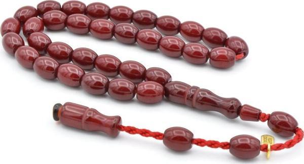 Hakkı Usta İmzalı Fıçı Kesim Bordo Sıkma Kehribar Tesbih - Image 1