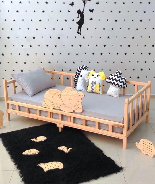 MiniWood Markaawm Ayıcıklı Moıntessori Yatak Ahşap Karyola Bebek Beşiği - Image 1