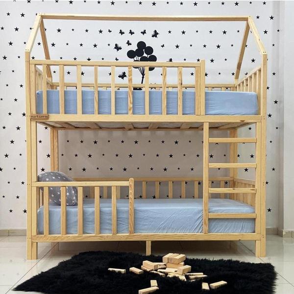 MiniWood Montessori Yatak Çatılı Doğal Ahşap Ranza Karyola - Image 1