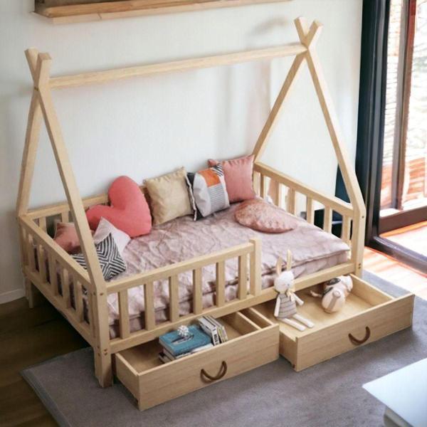 MiniWood Montessori Yatak Çekmeceli Karyola Ahşap Çocuk ve Bebek Beşik - Image 1
