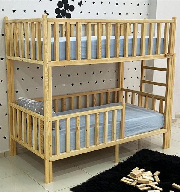 MiniWood Montessori Yatak Doğal Çam Karyola Merdivenli Ranza - Image 1