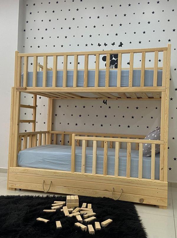 MiniWood Montessori Yatak Merdivenli Ahşap Ranza Çekmeceli - Image 1