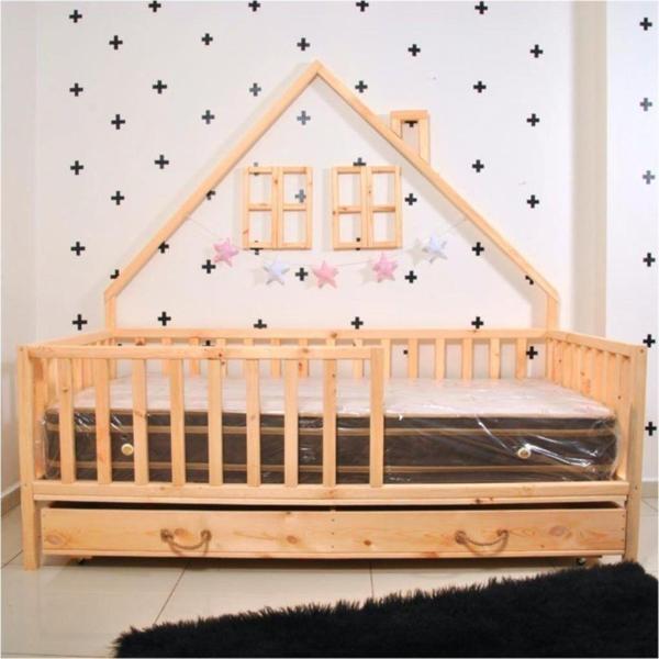 Montessori Yatak Çocuk Yatak Çekmeceli 90x190 Doğal Çam Yağmur - Image 1