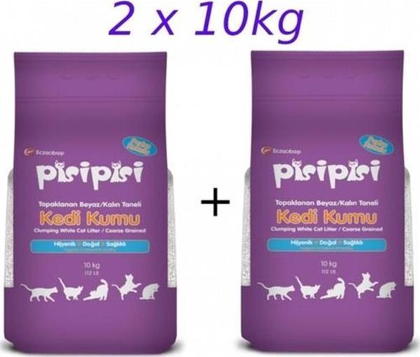 Pisi Pisi Pudralı Topaklanan Bentonit Kedi Kumu Kalın 10 Kg 2 Adet - Image 1