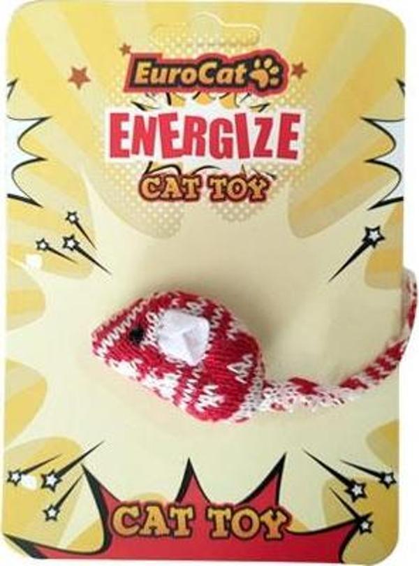 EuroCat Kedi Oyuncağı Kırmızı Beyaz Örme Fare - Image 1