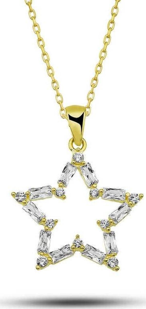 ​925 Ayar Gümüş Gold Baget Taşlı Yıldız Kadın Kolye - Image 1
