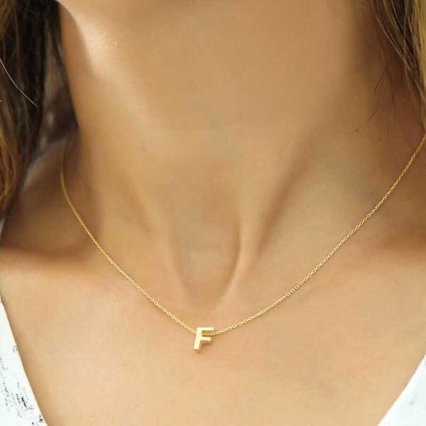 925 Ayar Gümüş Gold 3 Boyutlu F Harf Kadın Gümüş Kolye - Image 1