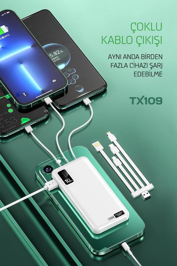 10.000 Mah Kablolu Dijital Göstergeli 10.000 Mah Garantili Dahili Stand TX109 Siyah Powerbank - Image 1