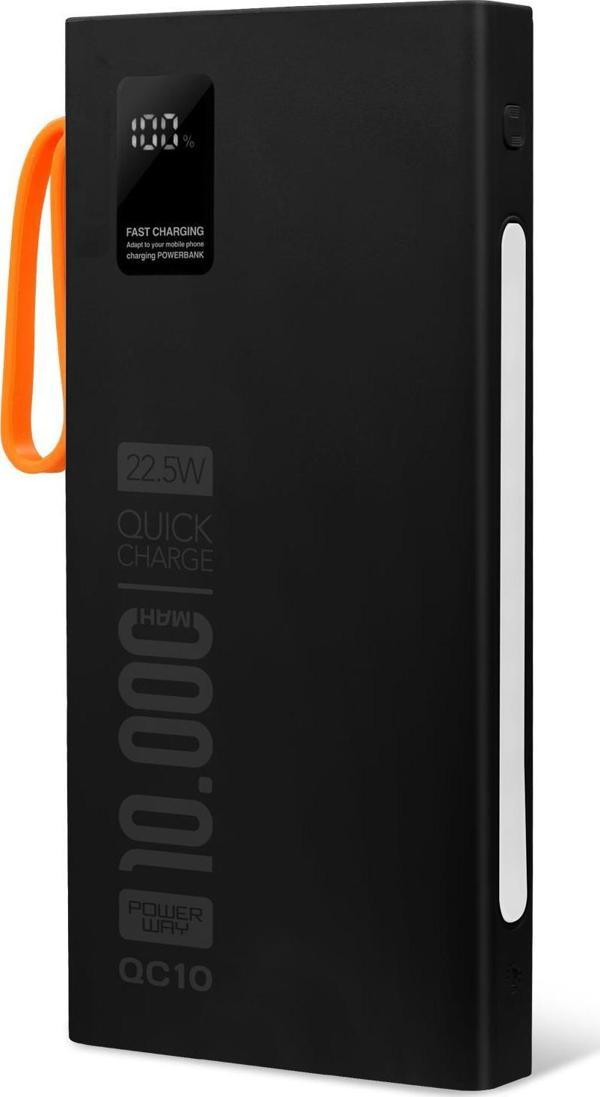 Powerway 10.000 Mah Pd 22.5W Dahili Kablolu Hızlı Şarj Gerçek 10.000 Mah Qc10 Siyah Powerbank - Image 1