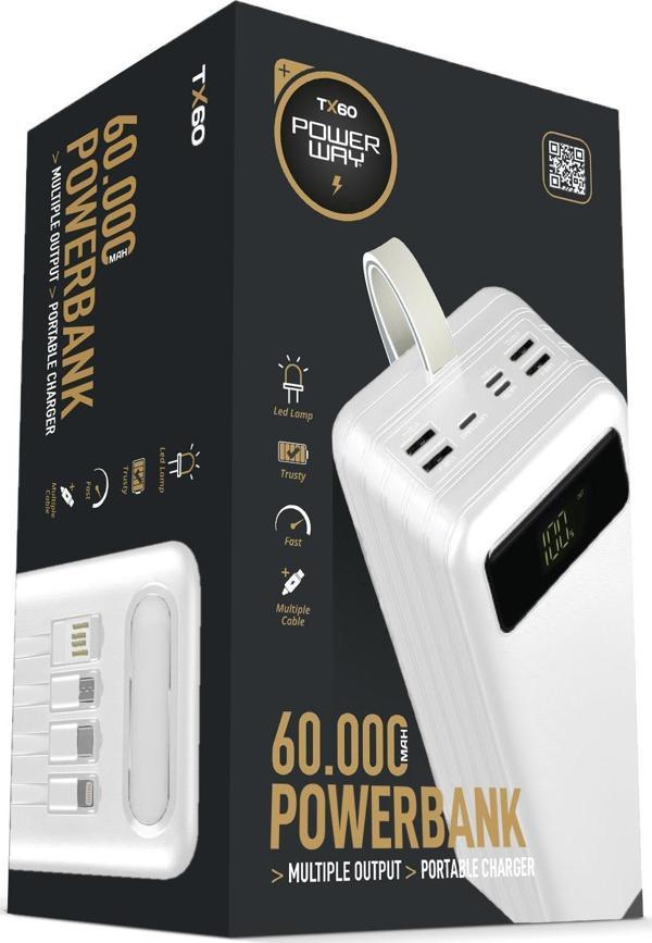 TX60 Beyaz Çoklu Çıkış Dijital Göstergeli Ekstra Kablolu 60.000 mAh (Gerçek 60.000 mAh Garantili) Powerbank - Image 1