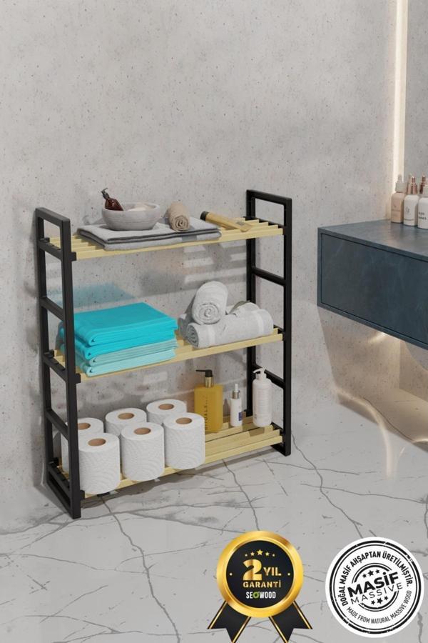 Seowood 3 Katlı Süper Kalite Siyah Ahşap Banyo Düzenleyici Raf - Image 1