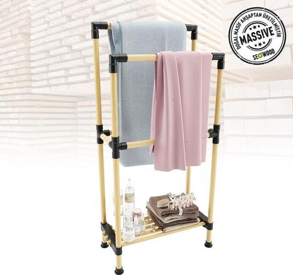 Seowood Ahşap Banyo Havluluk Raflı 2 Askılı 48 Cm Genişlik - Image 1