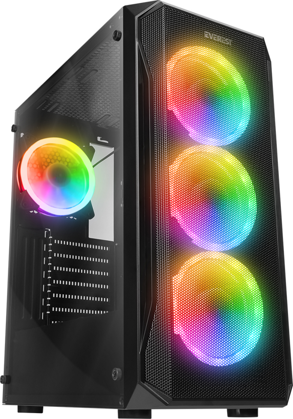 EVEREST X-RACER, Mesh, 600W (Peak), 4x12cm RGB Fan, Temperli Cam Yan Panel, ATX, GAMING KASA - Image 1