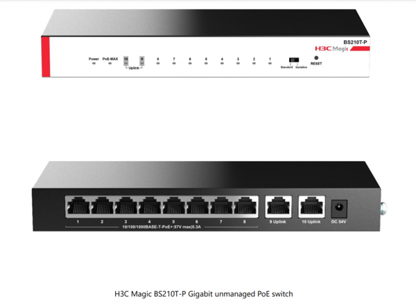 H3C Magic BS210T-P, 10 Port, GigaBit, 8 Port PoE, 57W, +2 Port GigaBit Uplink, Metal Kasa, Yönetilemez, Masaüstü Switch - Image 1