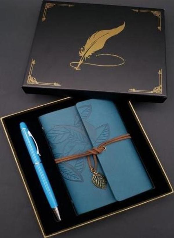 Metal Kalem Mavi Deri Defter Dekoratif Hediyelik - Image 1