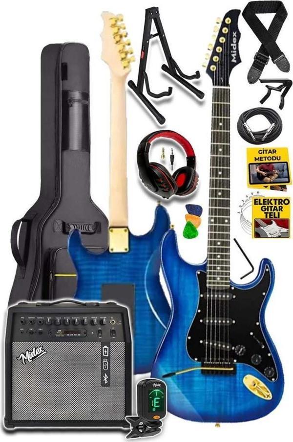 Midex GLC-40BL-50AMP Elektro Gitar Seti 50 WATT Şarjlı BT Amfi Kulaklık ve Full SET - Image 1