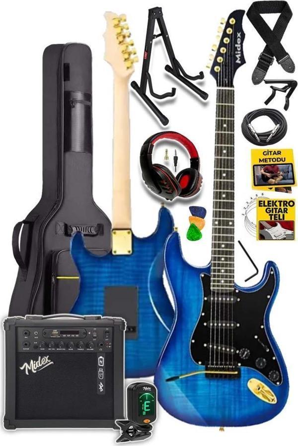 Midex GLC-40BL-AMP Elektro Gitar Seti 25 WATT Şarjlı BT Amfi Kulaklık ve Full SET - Image 1