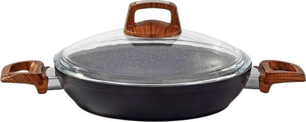 Bonera Ahşap Desenli Bakalit Kulplu Cam Kapaklı Vogue Granit Omlet Tava 24 cm - Image 1