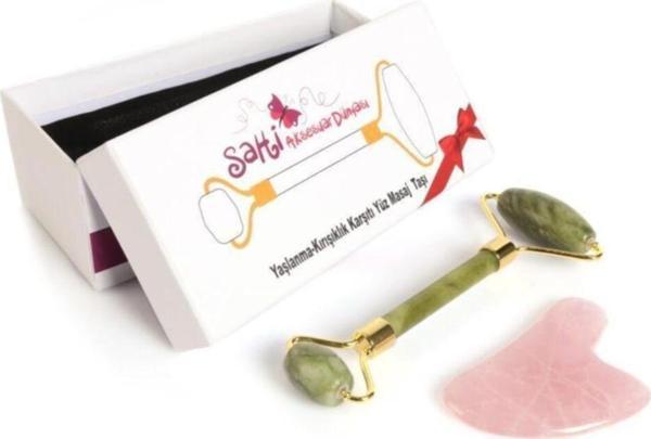 Sahi Aksesuar Özel Saklama Kutusunda Yeşim Roller Ve Kalp Gua Sha Yüz Bakım Taşı Seti - Image 1