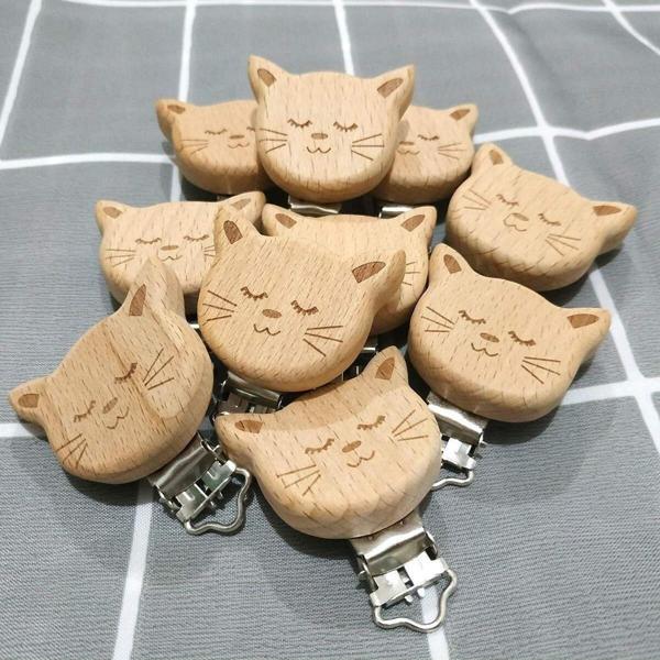Sahi Aksesuar Kedi Modeli Ahşap Emzik Zinciri Askısı Klipsi (10 Adet) BEZYI1398 - Image 1