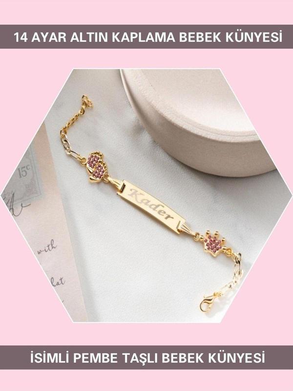 Sahi Aksesuar 14 Ayar Altın Kaplama İsimli Pembe Taşlı Bebek Künyesi Bezyı416 - Image 1