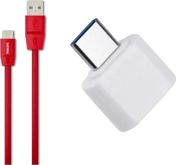 Philips 5A 100W UsbA to Type-C 1.8 M Hızlı Şarj ve Data Kablosu Kırmızı + ScHitec Type-C to UsbA 3.0 Dönüştürücü Adaptör - Image 1
