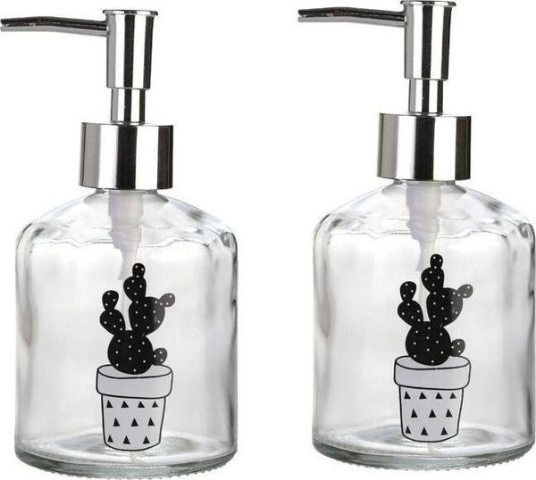 Bosphorus Banyo Seti Cam Sıvı Sabunluk 2 Adet,Kaktüs 2 Desen 300Ml 7,6X15,5Cm - Image 1