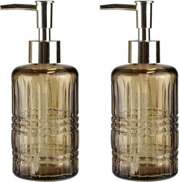 Bosphorus Banyo Seti Cam Sıvı Sabunluk 2 Adet,Kristal Desenli Kahverengi 300Ml 6,8X17,6Cm - Image 1