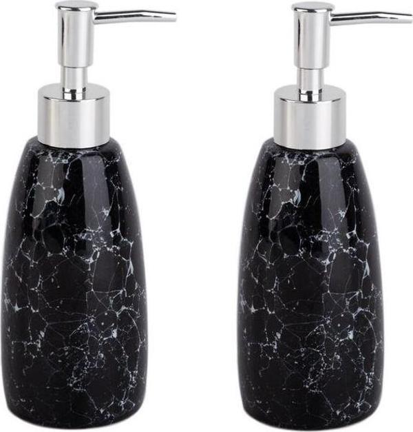 Bosphorus Banyo Seti Mermer Desenli Siyah Sıvı Sabunluk 2 Adet 8X8X17Cm 300Ml - Image 1