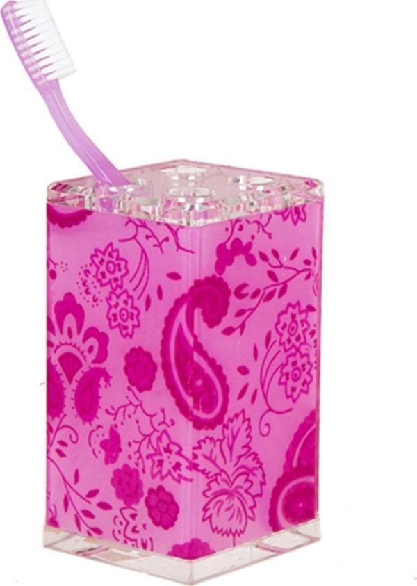 Bosphorus Diş Fırçalık Pembe Çiçekli Akrilik 6X6X12Cm - Image 1