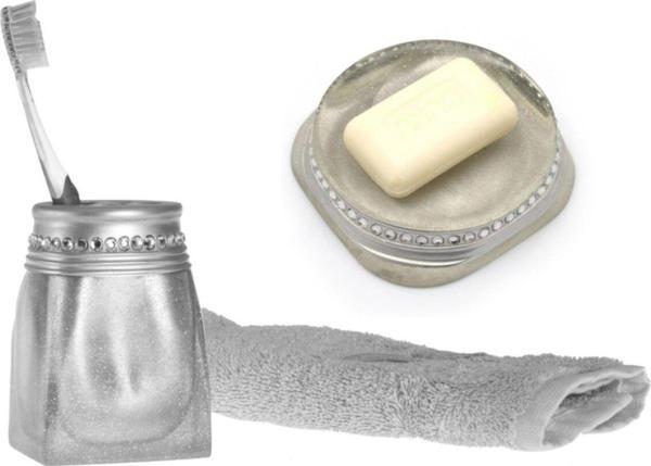 Bosphorus Sabunluk Diş Fircalik 2Li Banyo Seti,Kristal Taşlı Gümüş Poliresin - Image 1