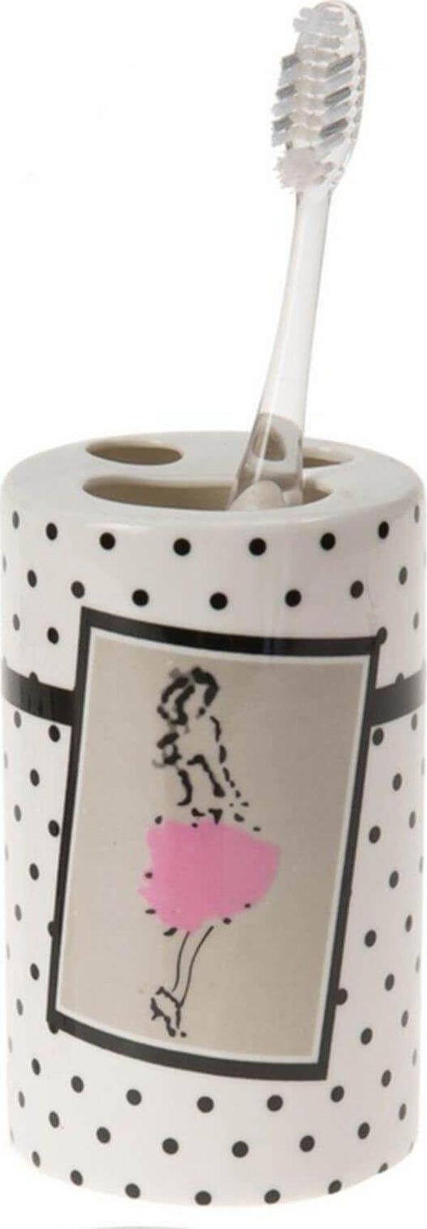 Bosphorus Seramik Diş Fırçalık Pembe Elbiseli Kadın Model 7X7X11Cm - Image 1