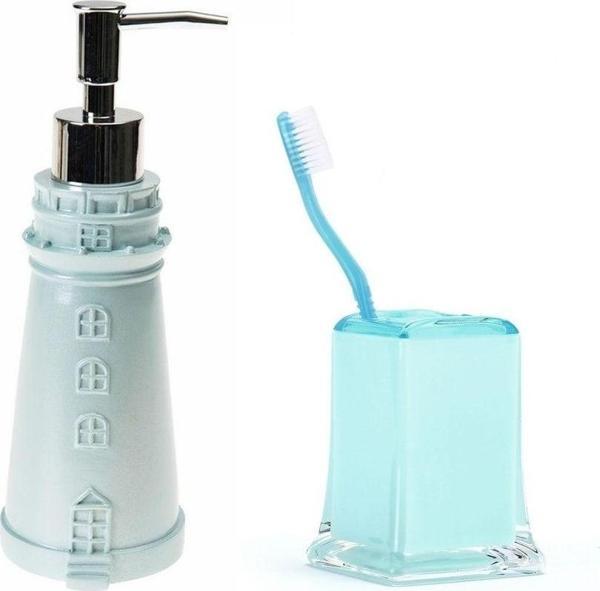 Sia Sıvı Sabunluk,Diş Fırçalık 2 Li Banyo Seti,Deniz Feneri Ve Buz Mavi - Image 1