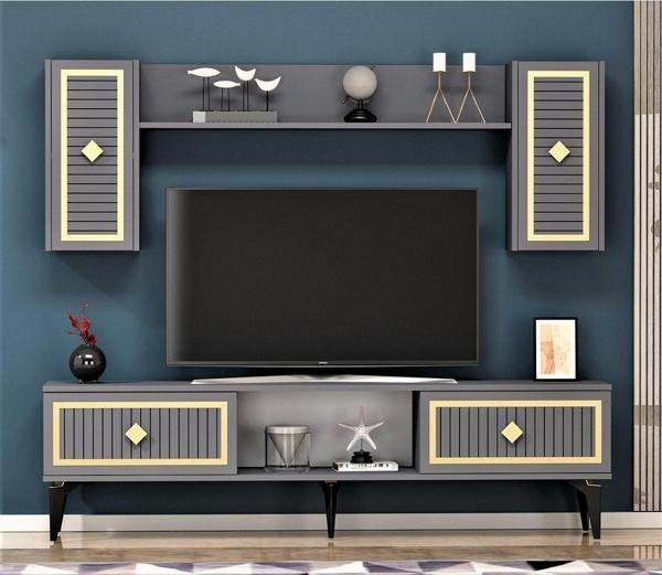 Cantek Dizayn 150 cm Nil Tv Ünitesi Antrasit - Altın - Image 1