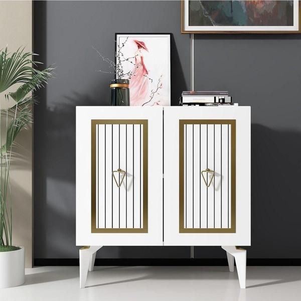 Cantek Dizayn 75 cm Capri Konsol - Çok Amaçlı Dolap Beyaz - Altın - Image 1