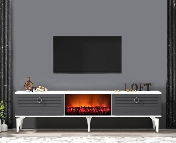 Cantek Dizayn Arrona Tv Sehpası (Alt Modül) Şömineli Beyaz - Antrasit - Image 1