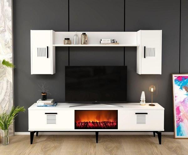 Cantek Dizayn Assimo Tv Ünitesi Şömineli Takım Beyaz - Beyaz - Image 1