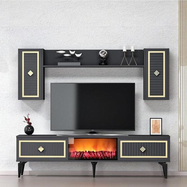 Cantek Dizayn Flame Şömineli Tv Ünitesi Takımı Antrasit - Altın - Image 1