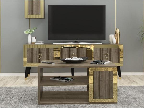 Cantek Dizayn Lazer Desneli 90 cm Bare Orta Sehpa Ceviz - Altın - Image 1