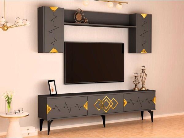 Cantek Dizayn Rittim Tv Ünitesi Takımı Antrasit - Altın - Image 1