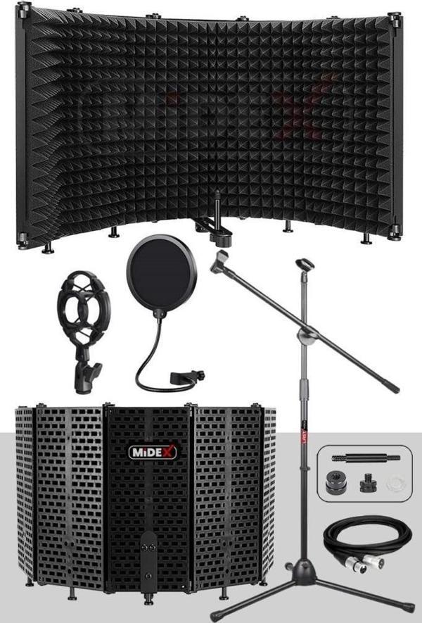 Midex PF-43X Set Mikrofon Ses Yalıtım Paneli (69x26cm) Stand Filtre Shock Mount XLR Kablo Sünger - Image 1