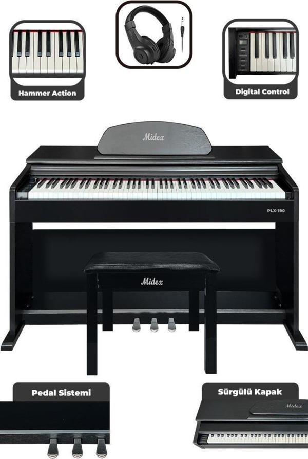 Midex PLX-190BK Siyah Dijital Piyano 88 Tuşlu Hammer Action ve Tuş Hassasiyeti - Image 1