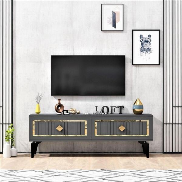 Cantek Dizayn 120 cm Venna Tv Ünitesi Antrasit - Altın - Image 1