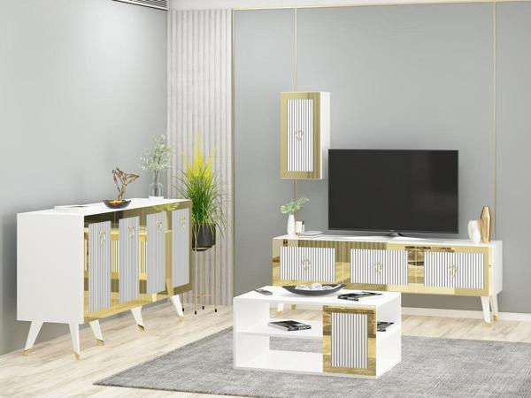 Cantek Dizayn Bare Tv Ünitesi Orta Sehpa Ve Konsol 3'Lü Salon Takımı Beyaz - Altın - Image 1