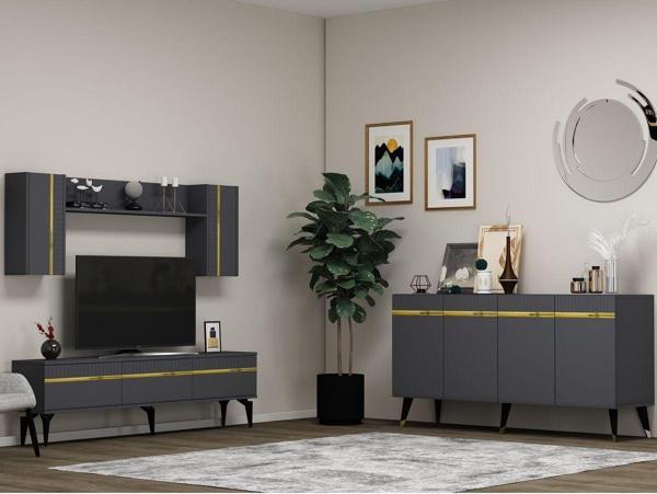 Cantek Dizayn Defne Tv Ünitesi Ve Konsol 2'Li Salon Takımı Antrasit - Altın - Image 1